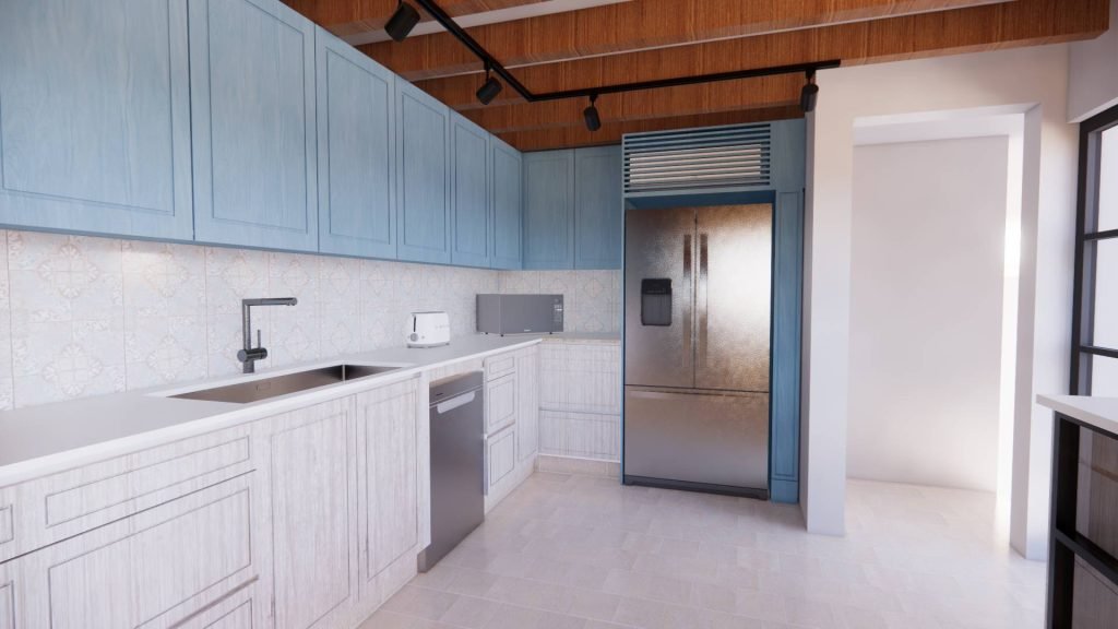 Vista de la cocina Kresser con gabinetes en tonos azules, electrodomésticos modernos y diseño funcional que combina estilo y practicidad.