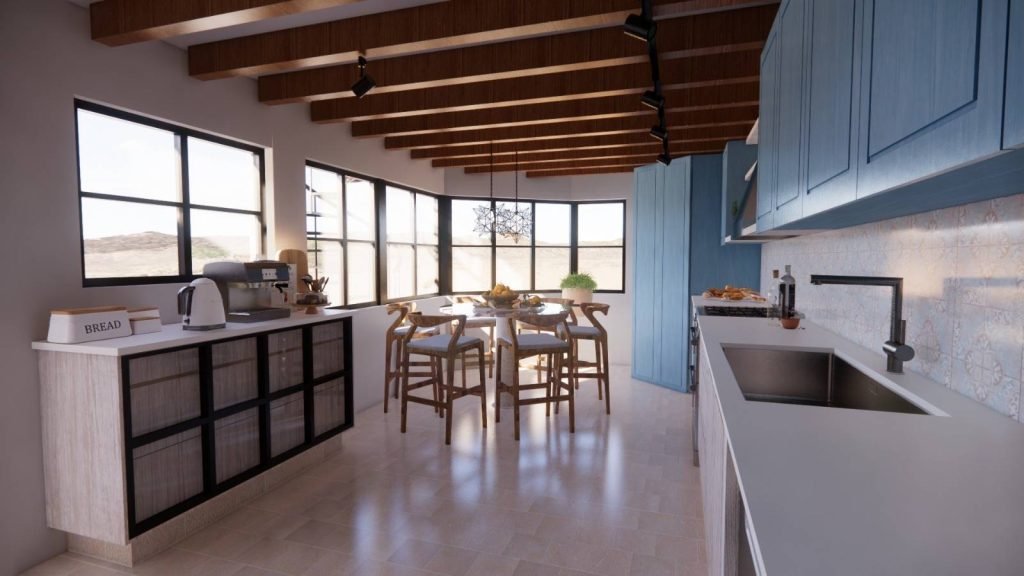 Proyecto de cocina Kresser que combina madera clara con gabinetes en tonos azules, iluminación natural y un ambiente cálido y funcional.