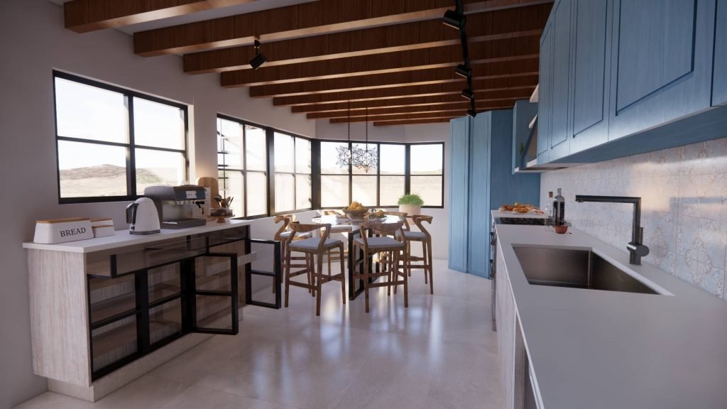 Diseño de cocina Kresser con acabados en azul y madera, barra funcional y vista al comedor. Proyecto de interiorismo por CAI.