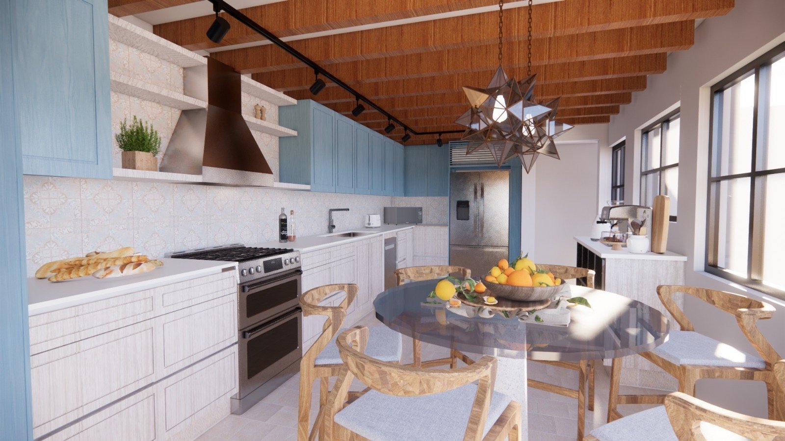 Cocina moderna con acabados en madera clara y detalles en tonos azules en Querétaro.