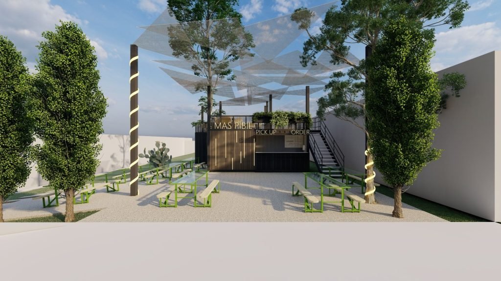Proyecto de interiorismo comercial para restaurante al aire libre Mas Pibil, con mobiliario y áreas verdes.